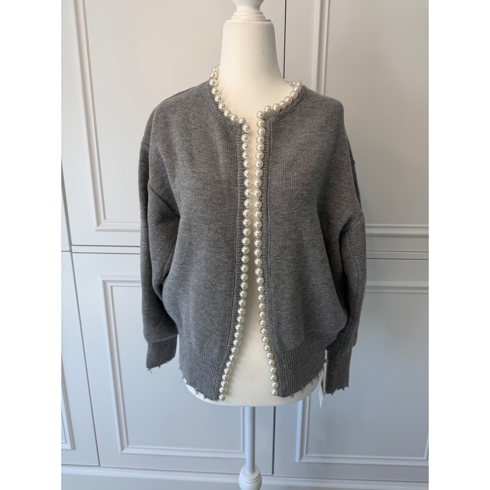 Commense Cardigan Women S Grey NWT Pearl Trim Distressed Hem Open Front Sweater
